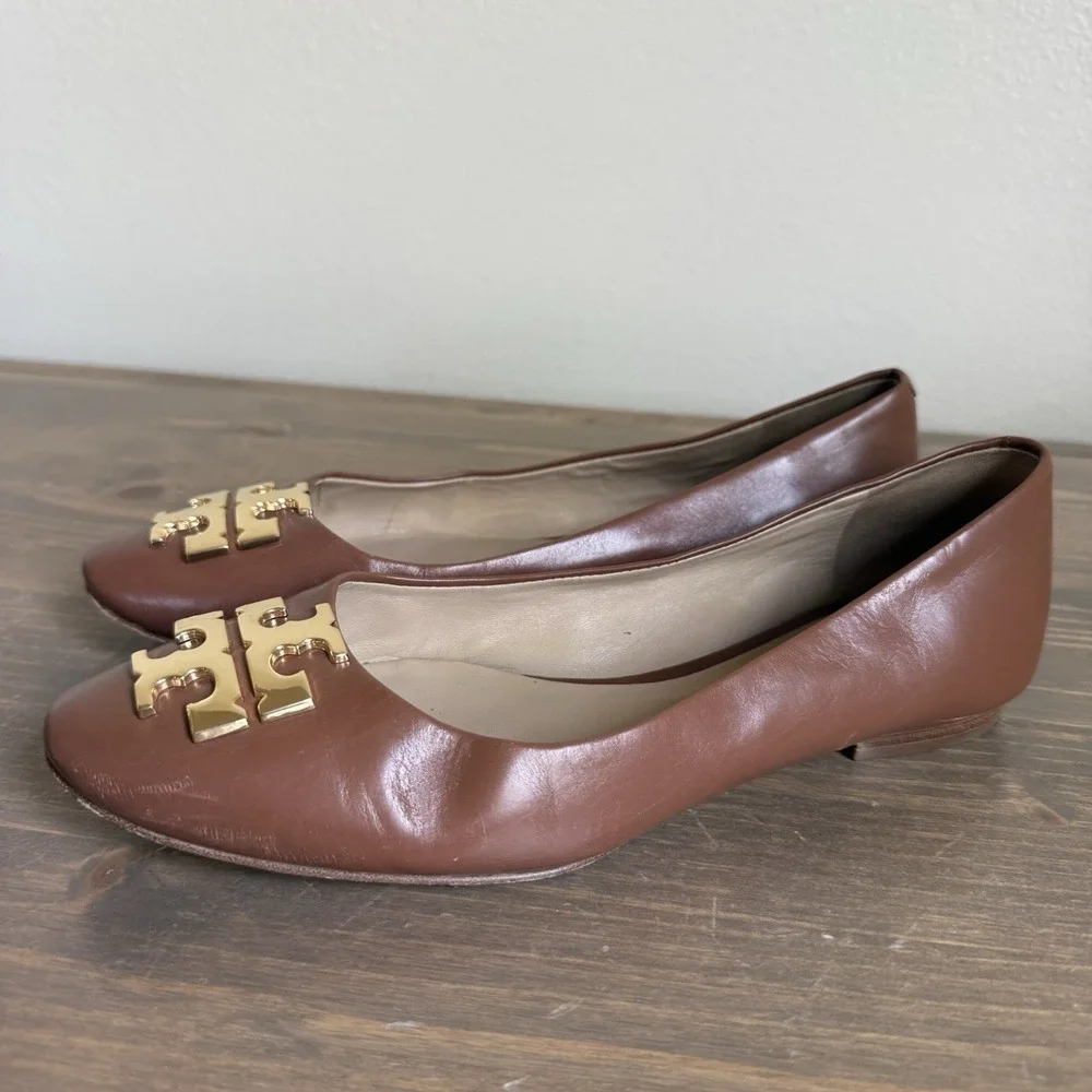 Tory Burch Women's 5.5 Camel Tan‎ Brown Leather Gold Accent Raleigh Flats
